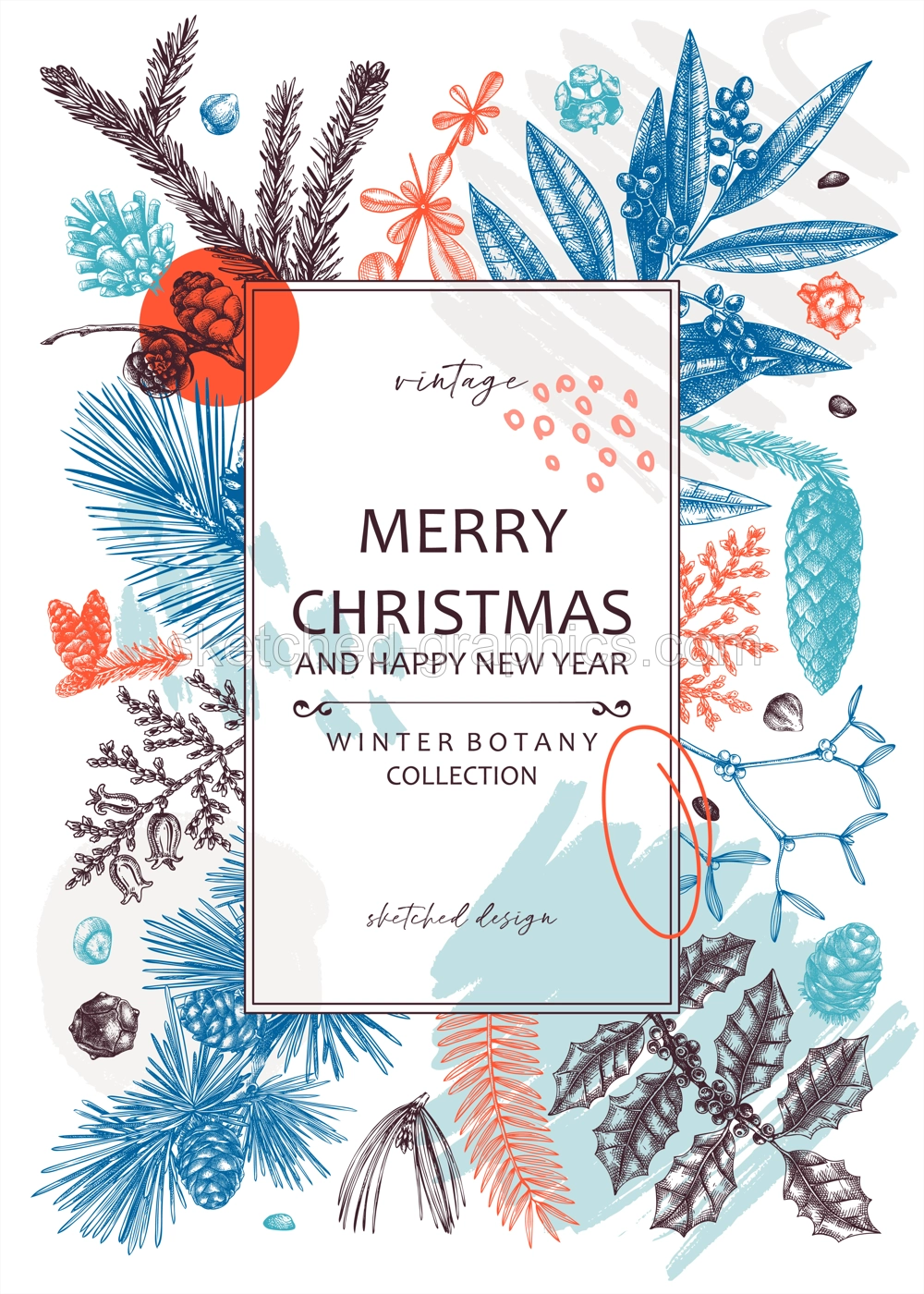 Merry Christmas card. Collage-style banner with evergreen plants, conifers, and nuts drawing. Winter design with hand-drawn botanical illustrations. Trendy Christmas background, New Year card template Illustration